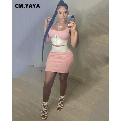 CM.YAYA Women Skirts Set Patchwork Sleeveless Spaghetti Strap Slash Neck Zip Crop Tops Sheath Elastic Mini Skirts 2 Piece Sets