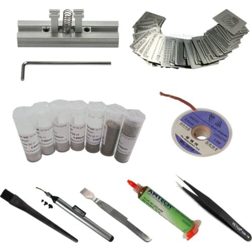 43pcs/lot BGA Reballing Kit Include 7pcs 25K Solder Ball 29pcs Universal Directly Heating Stencils Jig 223 Flux 10cc