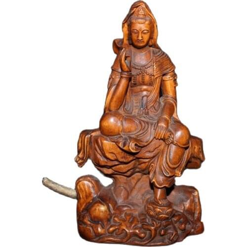 China old Beijing old goods Wood carving Old Boxwood Seiko machine Sitting Statue of Guanyin Bodhisattva statue
