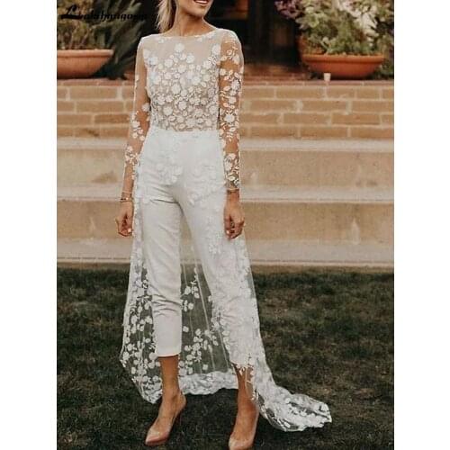Jumpsuits A-Line Wedding Dresses Jewel Neck Sweep / Brush Train Lace Satin Long Sleeve Sexy See-Through Modern with Embroidery