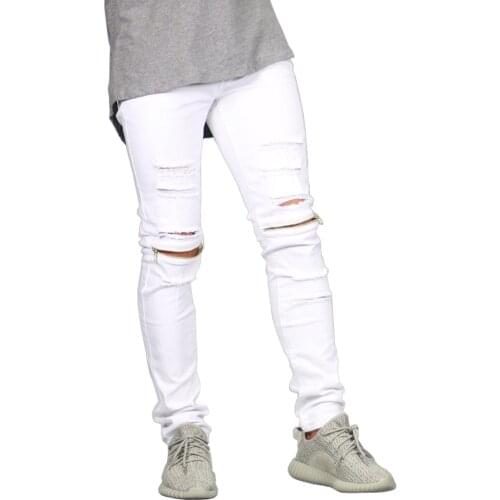 Fashion Men Knee Zipper Jeans Design Casual Stretch Destroyed Ripped Skinny Jeans For Men Y1029