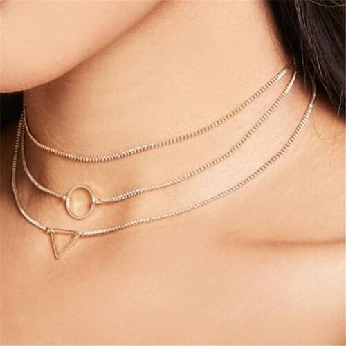Multi-layer Chain Necklace for Women Golden/ Color Round Circle Triangle Pendant Necklace Party Gift Female Metal Trendy