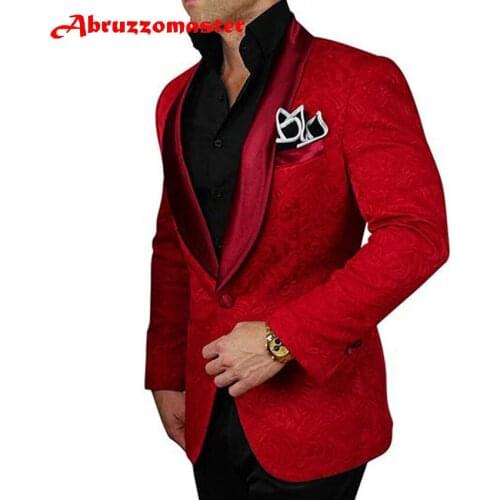 Abruzzomaster Red Print Man Suit Shawl Lapel Tuxedos Custom Made Man Suit 2 Pieces Groom Tuxedos Floral Print Groomsman Suit