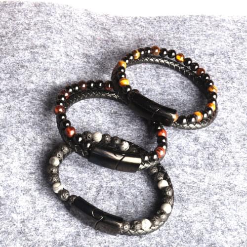 Classic Charm Black Magnetic Clasp Leather Bracelet Natural Stone Beaded Bracelets for Men Casual Punk Jewelry Gift