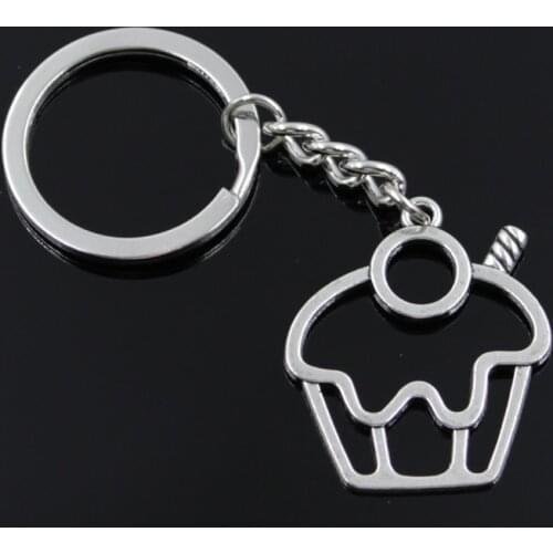 New Fashion Men 30mm Keychain DIY Metal Holder Chain Vintage Cake Cupcake 36x31mm Silver Color Pendant Gift