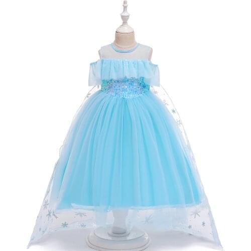 New Girls Cartoon Dress Kids Shoulderless Blue Fancy Dress Children Beauty Beast Belle Princess Costumes Party Girls Dress
