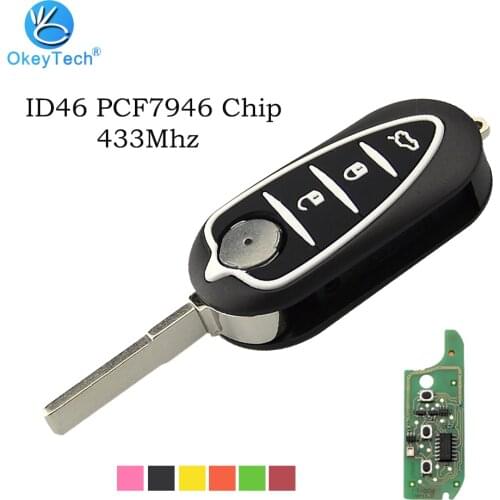 OkeyTech for Alfa Marelli BSI System Remote Key 433Mhz ID46 PCF7946 Chip SIP22 Uncut Blank Blade 3 Button Flip Folding Car Key