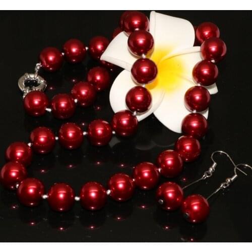 Dark red 12mm imitation pearl shell round beads necklace earrings for women weddings party high quality jewelry set 18inch B2336
