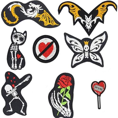 Hot Skull Flower Cat Patches Cap Bag Shoe Iron On Embroidered Appliques DIY Apparel Accessories Patch For Clothing Fabric Badges