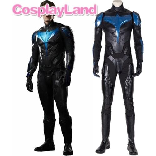 Titans Nightwing Dick Grayson Costume Halloween Cosplay Superhero Jumpsuit Black Armor Mask Adult Men Suit Fancy Party Outfit