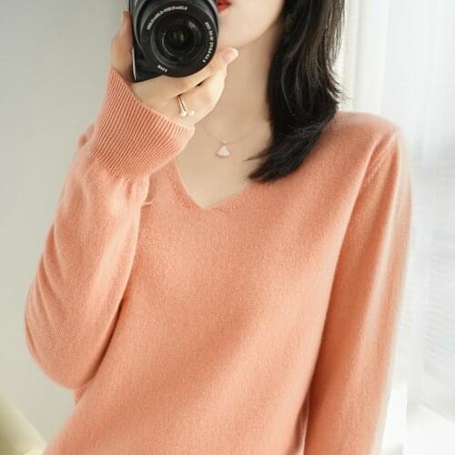 Slim fashion V-neck cashmere sweater Ladies knitted long-sleeved new product 100% wool sweater Regular pullover 4-color genuine
