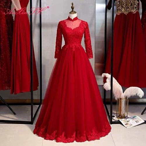 AnXin SH princess wine red lace evening dress vintage party high neck long sleeve beading crystal illusion bride evening dress