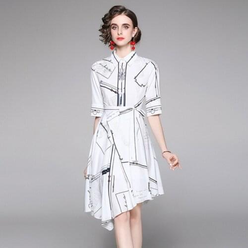 2021 Summer Designer White Letter Print Shirt Womens Single-Brested Lace Up Slim Irregular Female Office Knee Lenght Dresses