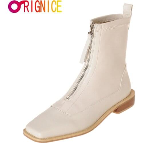 Orignice Autumn Winter Low Heel Ankle Boots Beige Black Square Toe Front Zipper Lady High Quality Leather Women Party Dress Shoe