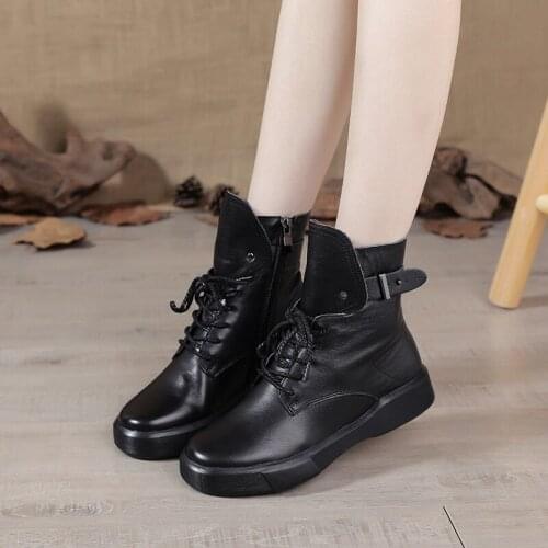 Womens Leather Short Barrel Knight Boots Spring and Autumn Leather All-match Flat Cowhide Single Boots Plus Cotton Martin Boots