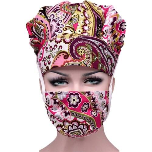 Women Scrub Caps Sets Flower Printed Cotton Sweatband Bouffant Hats Reuseable Adjustable Caps Washable Working Hats Accessories