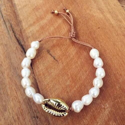 Boho puka natural shell shell bracelet ladies pearl baroque jewelry bracelet adjustable size Collier de coquillages jewelry