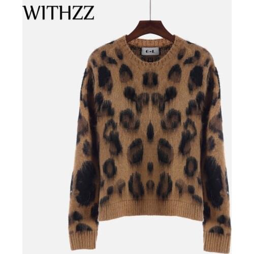 WITHZZ New Arrival Spring Autumn Winter Elegant Casual Round Neck Leopard Print Long Sleeve Sweater Women Pullovers Sweaters