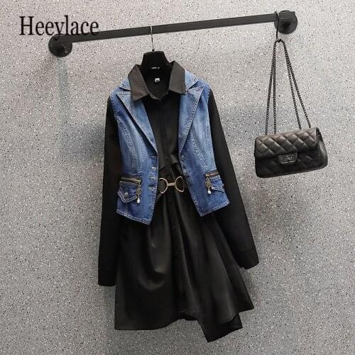 Women 2021 Street Suit Vest Denim Jacket Coat Top And Long Sleeve Shirt Dress Two Piece Set Outfits Plus Size 4xl Fall Clothing