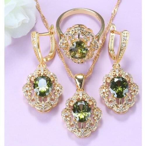 Prom Jewelry Olive Green Cubic Zirconia Earrings Necklace Pendant And Ring Sets For Women Gold Color Fashion Costume