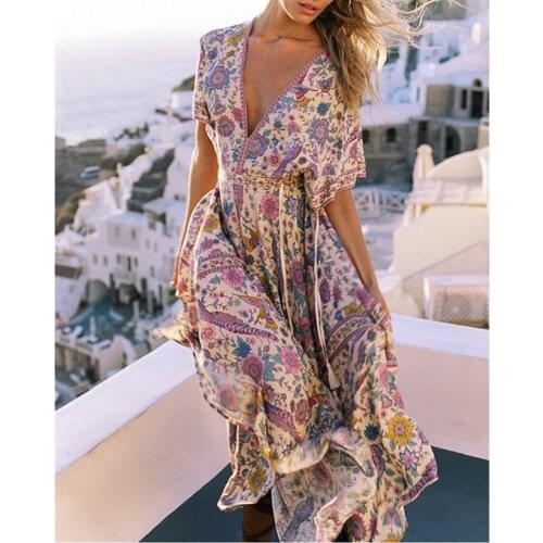 Happie Queens women Floral print bat sleeve beach Bohemian maxi dress Ladies v-neck Tassel Summer Boho happie dress