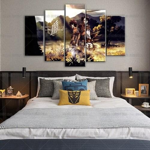 Prints on Canvas 5 Pieces Attack on Titan Anime Wall Art Canvas Poster Home Decor for Living Room Pictures with Frame Artwork
