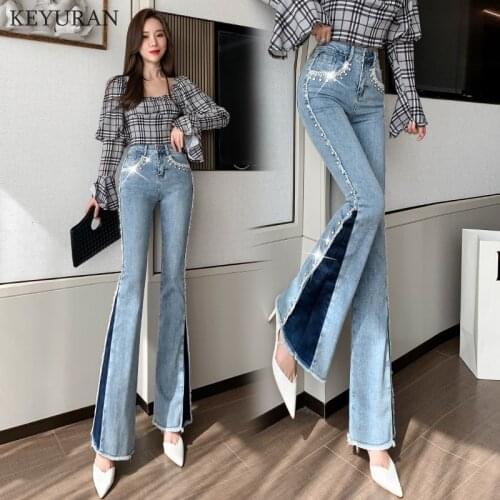 Beading Flare Jeans Pants Women Vintage Denim Ladies Jeans Women High Waist Fashion Stretch Pocket Trousers Plus Size Blue