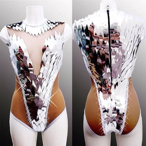 Glisten Sequins Silver Rhinestones Bodysuit Sleeveless Nude Womens Party Prom Bar Outfit Stage Female Singer Show Romper