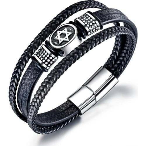 Punk retro black bracelet for men Star braided three layers leather pulseras de hombre jewellery gift Stainless steel buckle