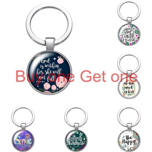Flower Smile Dream Words Glass Cabochon Keychain Bag Car Key Chain Ring Holder Charms Silver Color Keychains for Men Women Gifts