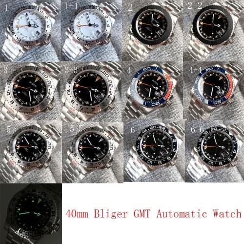 Bliger Brand 40mm New GMT Mingzhu 3804 Black/White Mechanical Automatic Mens Watch Sapphire Glass Rotating Bezel Luminous Marks