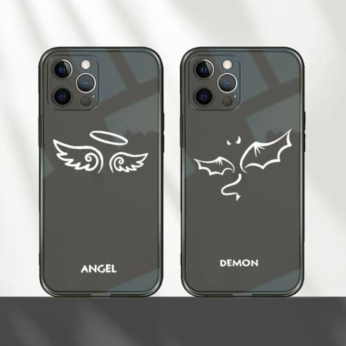 Demon Angel Couple BFF Cartoon Phone Case For iPhone 12 11 8 7 mini pro X XS XR MAX Plus Black Transparent Cover