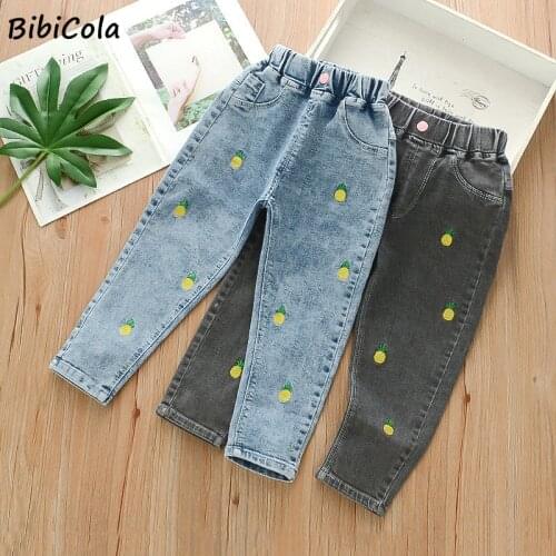 Kids Cartoon Trousers Pant Girls Fashion Pineapple Embroidery Jeans Children Elastic Waist Denim Pants Baby Jean Clothing