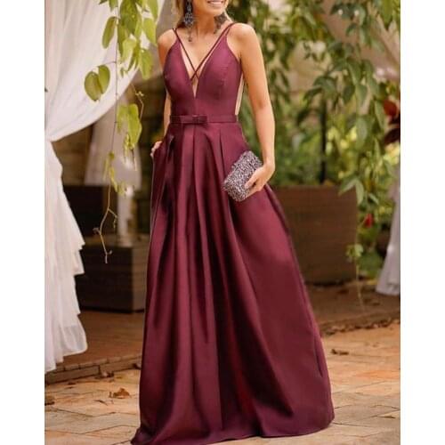 Long Satin 2021 Prom Dresses with Pockets Spaghetti Straps V Neck Formal Evening Dress Robe De Soiree
