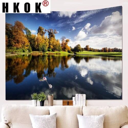 HKOK Lake Forest Natural Landscape Tapestry Hanging Covering Rugs Background Cloth Beach Mat Blanket Art Bedroom Living Home Dec