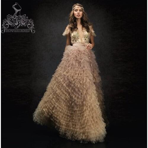 Exquisite 3D Flowers Mesh Evening Dresses Lush Tiered Rulles Tulle Formal Party Gowns Pretty Floral Bohemia Evening Dress