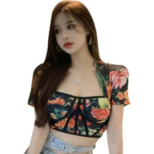 Women Floral Print Crop Top Women Fashion Lady Summer Tops Short Blouse Sexy Tops Streetwear Square Neck French Style