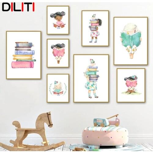 Cute Girl Flowers Books Canvas Painting for Kids Room Wall Art Decor Nordic Nursery Posters and Prints Decorative Pictures