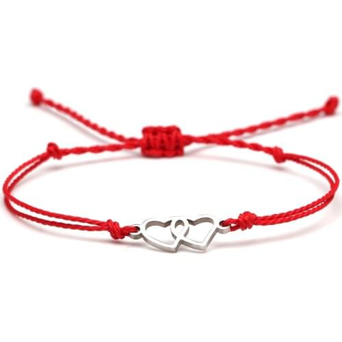 Cute Stainless Steel Linked Double Peach Love Heart Charm Bracelet Women Men Red Pink Orange Purple Waxed String Braided Jewelry