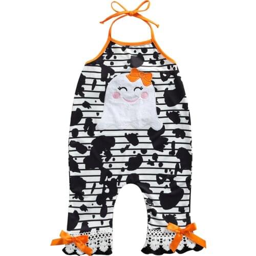2021 0-5Y Halloween Kids Baby Girls Romper Cartoon Ghost Striped Print Sleeveless Backless Halter Jumpsuit Flare Pants