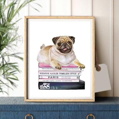 Fashion Art Books Stack Canvas Painting Pug Wall Picture Nordic Posters and Prints for Living Room Home Wall Decor