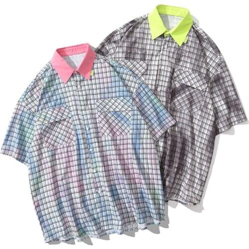 Fashion Street Harajuku Shirt Men Women Tie-dyed Plaid Short Sleeve Shirts Loose Casual All Match Ins Vintage Street Clothing