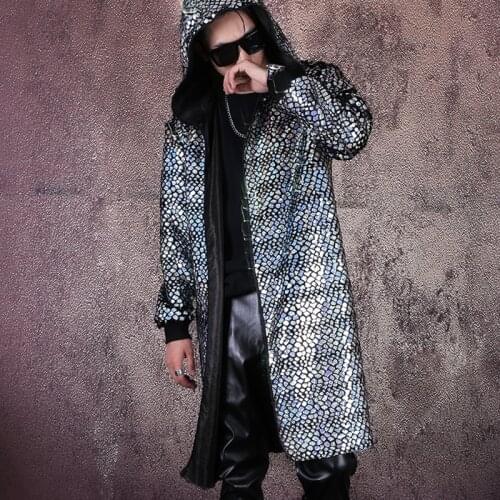 Men Long Coat blue scales atmospheric cloak Stage wear Nightclub Singer DJ Bar show Dancing costumes Plus Size Clothing