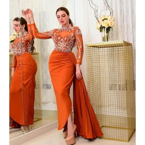Orange prom dresses 2020 high neck crystal long sleeve sheath satin detachable skirt long evening dresses
