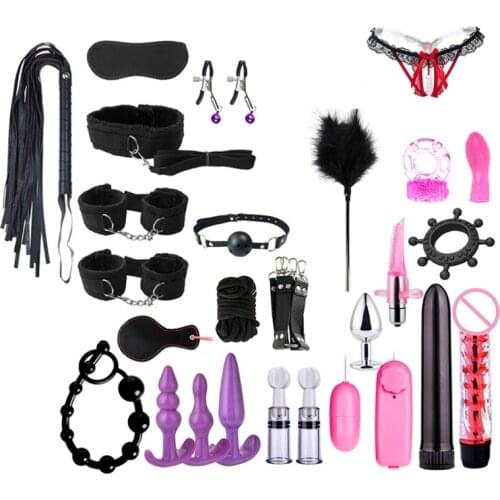 26pcs Sex BDSM Collar Handcuff Chain Slave Rope Bondage Dildo Ring Whip Vibrator Kit Fetish Toy for Women Couples SM Toy