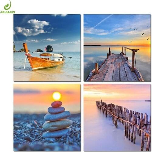 JHLJIAJUN 4 Piece Beach Scenery Painting Modual Canvas Decoration Modular Picture Art Decorative Nordic Living Room Decor Poster