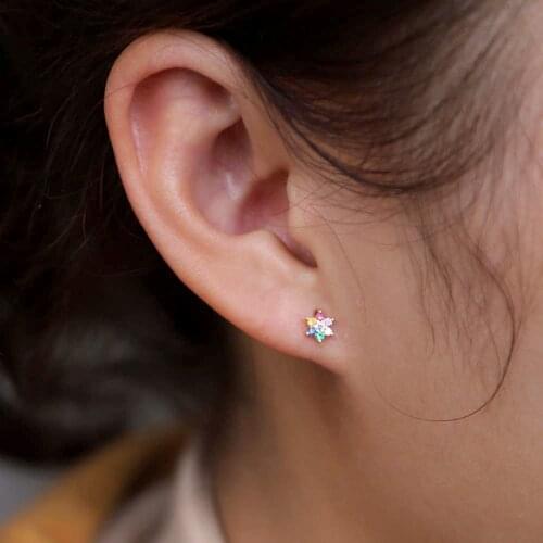 Gold Color Sweet Tiny 5mm Flower Stud Earring Rainbow Colorful CZ Stone 2021 New Fine 925 Sterling Silver Dainty Minimal Jewelry