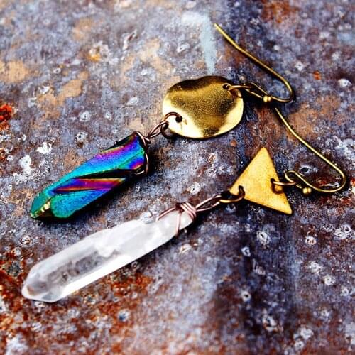 1 Pair Natural Crystal Earrings Raw Clear Quartz White Colorful Raw Stone Pendant Triangle Round Shape Zen Fashion Boho Earrings