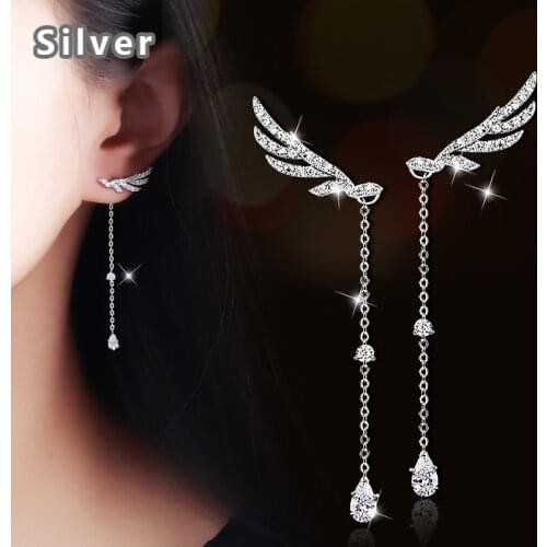 Shen Miner with the temperament of silver needle zircon angel wing studs womens long earrings Japanese Korean jewelry wholesale