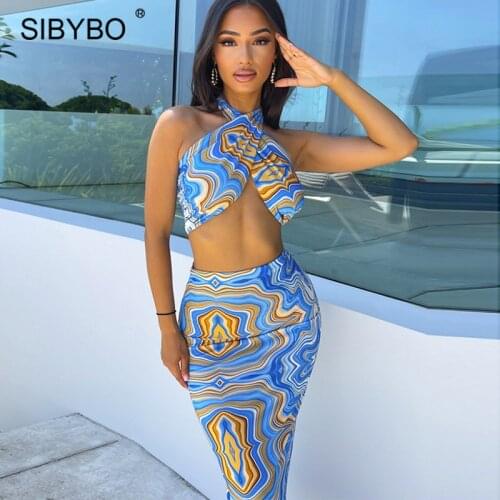 Sibybo Summer Print Two Piece Set Vacation Outfits Women Lace Up Halter Top And Skirt Matching Sets Femme Backless Skirt Suits